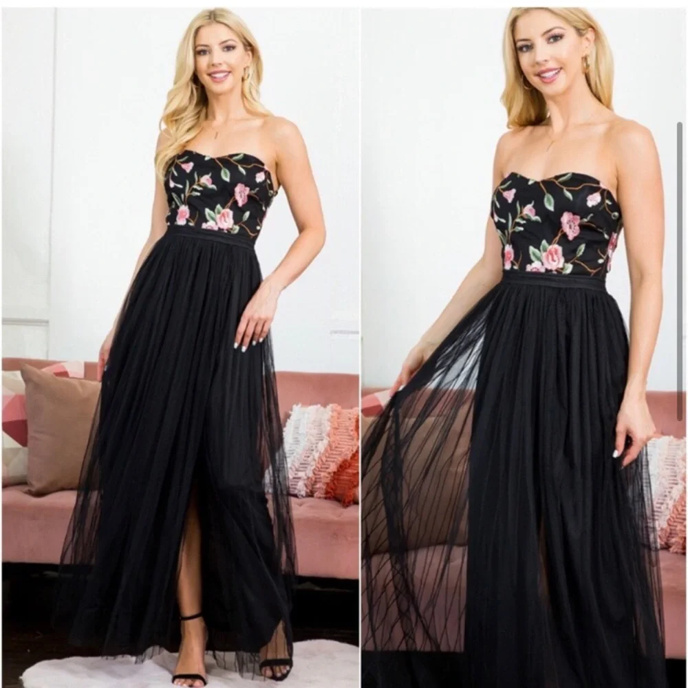 Elegant women’s floral upper chiffon high slit evening maxi gown - Picture 2 of 6